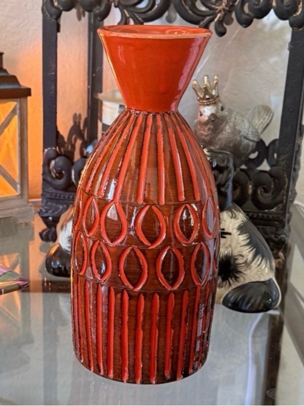 Mid‑Century Modern Italian Textured Ceramic Vase – Deep Orange & Black Glaze - Picture 3 of 17